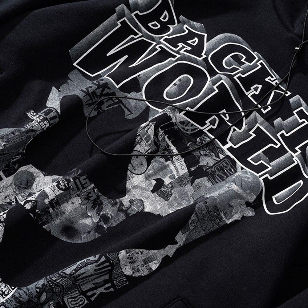 Men's gothic letter comics print fleece hoodie in black, featuring a hood and full sleeves, perfect for autumn and winter streetwear.