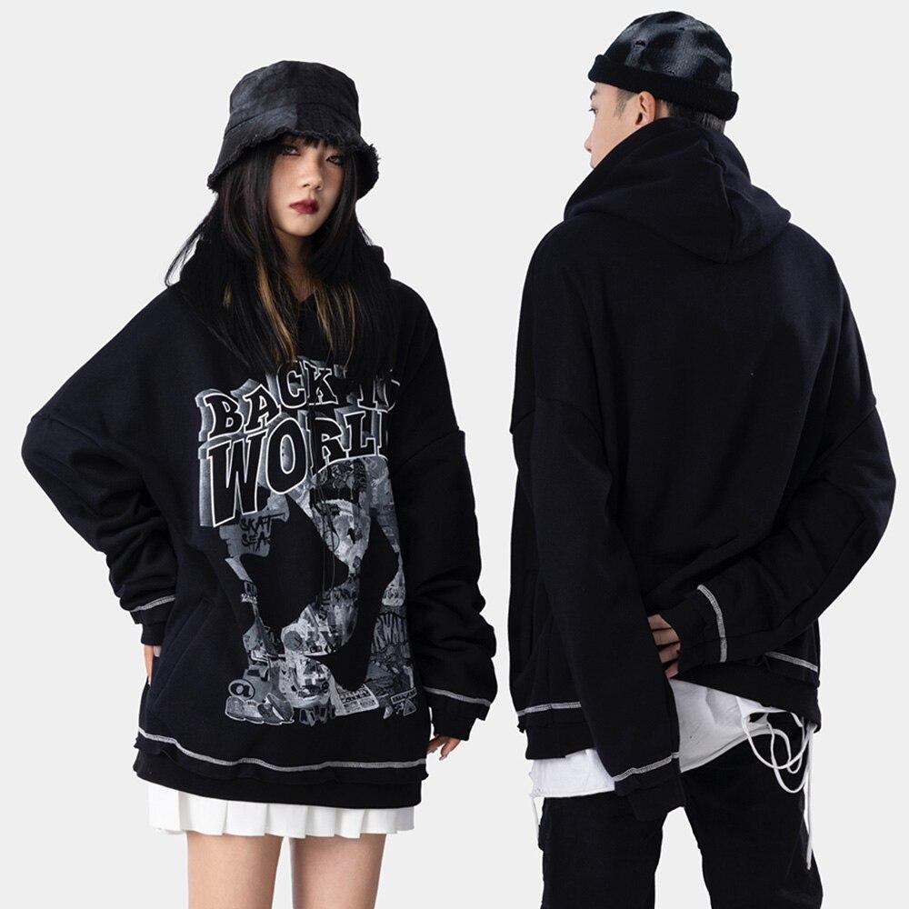 Men's gothic letter comics print fleece hoodie in black, featuring a hood and full sleeves, perfect for autumn and winter streetwear.