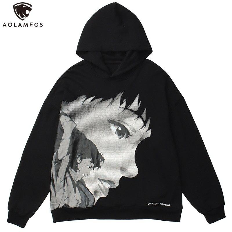 Oversized hoodie featuring Japanese comics and anime portraits, perfect for streetwear enthusiasts.