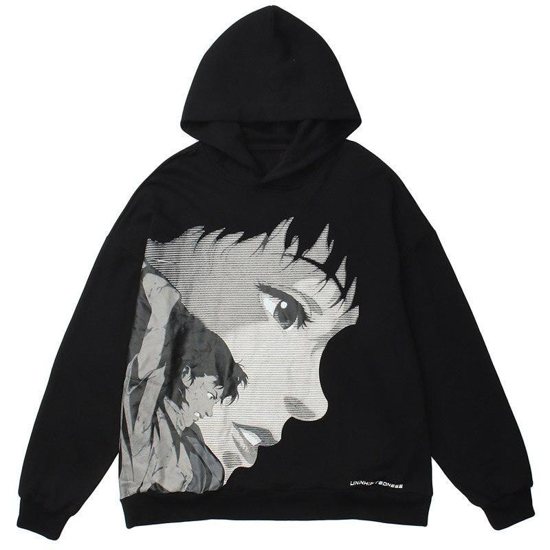 Oversized hoodie featuring Japanese comics and anime portraits, perfect for streetwear enthusiasts.