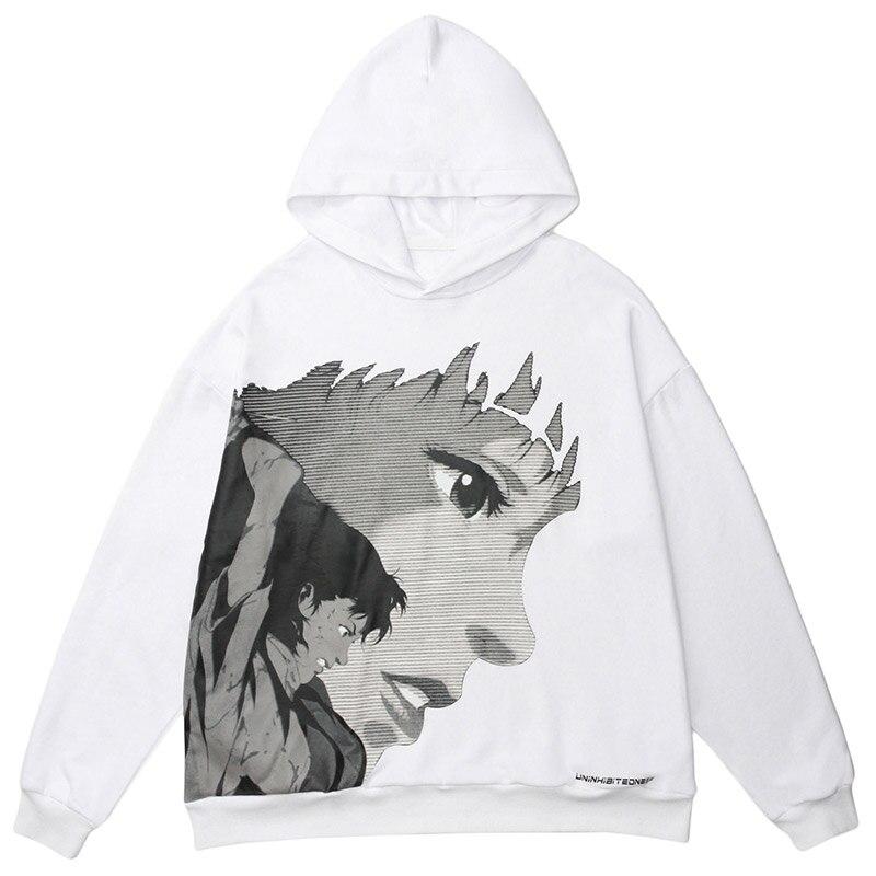 Oversized hoodie featuring Japanese comics and anime portraits, perfect for streetwear enthusiasts.