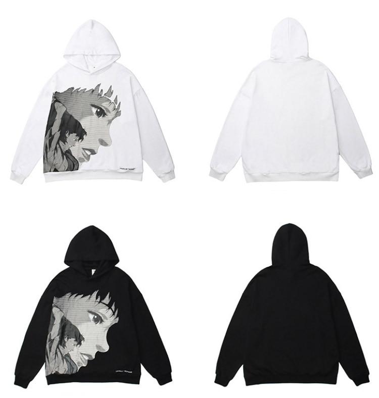 Oversized hoodie featuring Japanese comics and anime portraits, perfect for streetwear enthusiasts.