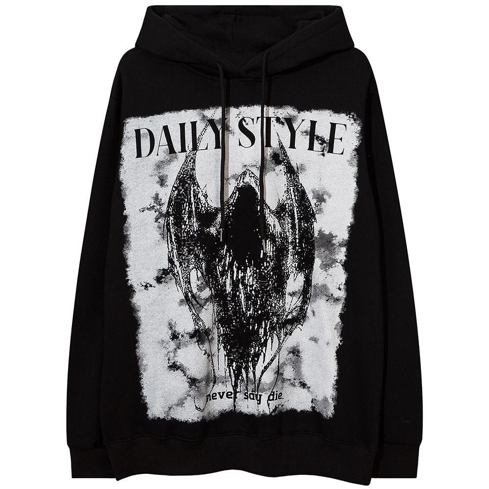 Men's scary demon punk hoodie in black and white fleece, featuring a unique cartoon design and hooded collar.