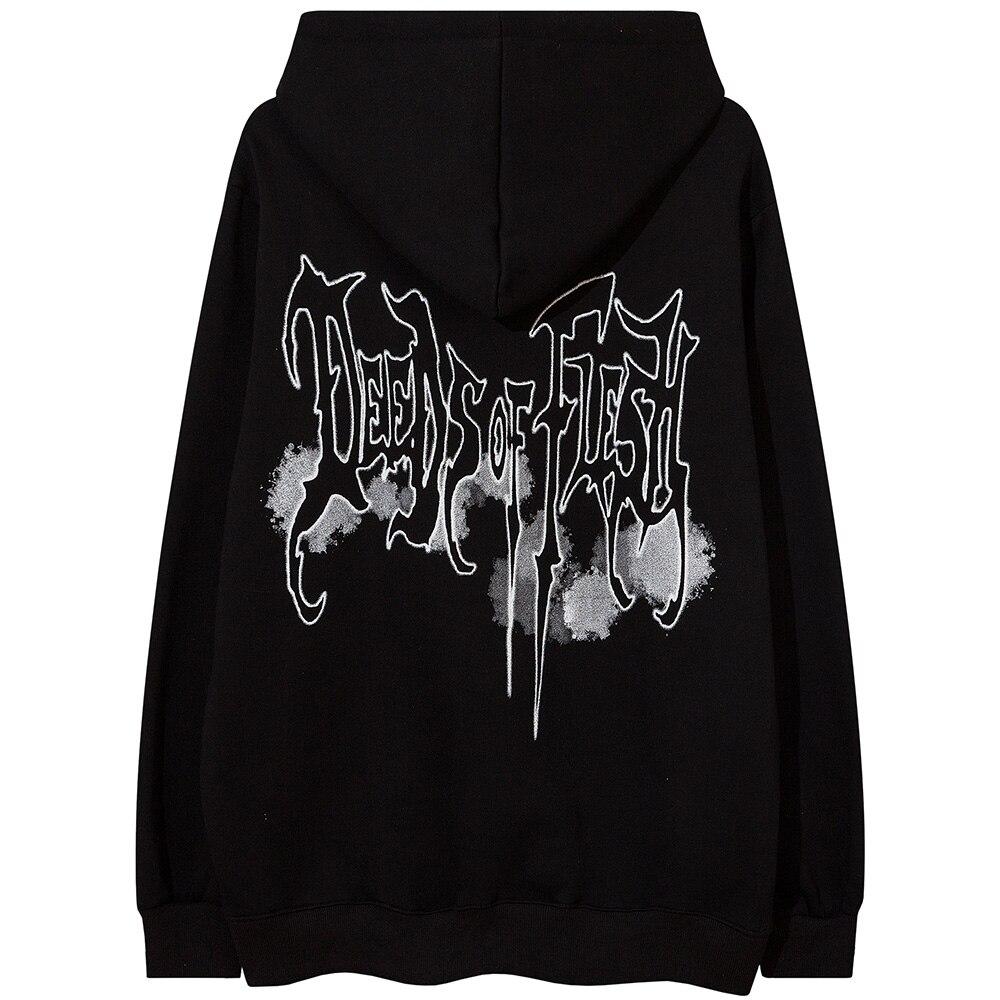 Men's scary demon punk hoodie in black and white fleece, featuring a unique cartoon design and hooded collar.