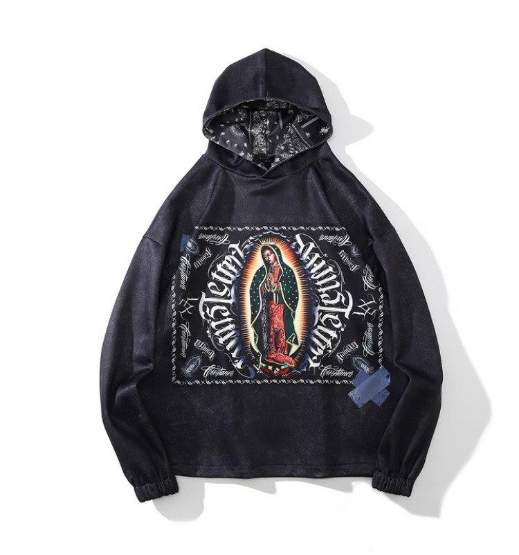 Men's black hoodie featuring Virgin Mary vintage totems print, perfect for autumn and winter wear.