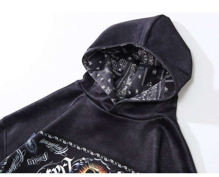 Men's black hoodie featuring Virgin Mary vintage totems print, perfect for autumn and winter wear.