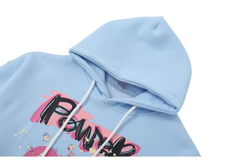 Men's hoodie featuring cartoon comics and graffiti designs in blue and pink colors, made from soft fleece material.