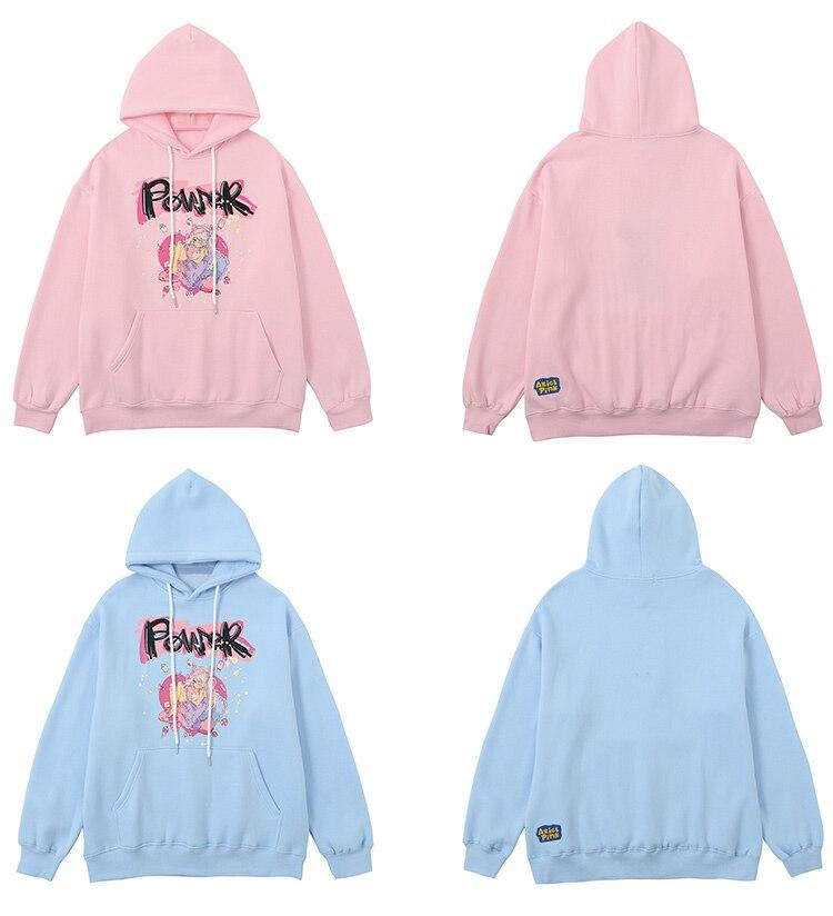 Men's hoodie featuring cartoon comics and graffiti designs in blue and pink colors, made from soft fleece material.