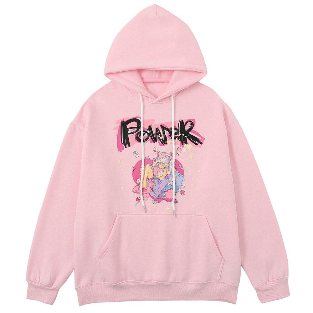 Men's hoodie featuring cartoon comics and graffiti designs in blue and pink colors, made from soft fleece material.