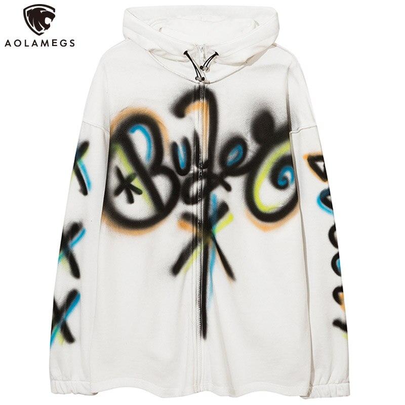 Men's colorful graffiti letter hooded pullover showcasing a trendy college style with a zipper closure.