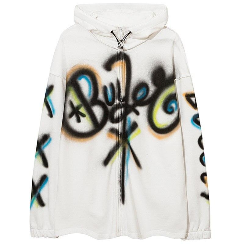 Men's colorful graffiti letter hooded pullover showcasing a trendy college style with a zipper closure.