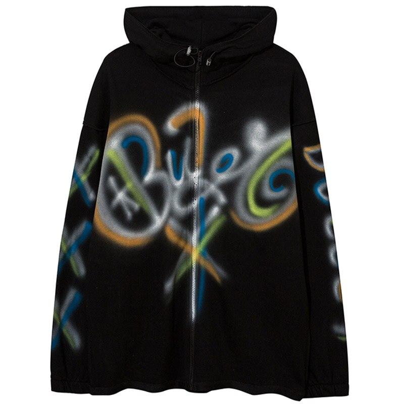 Men's colorful graffiti letter hooded pullover showcasing a trendy college style with a zipper closure.