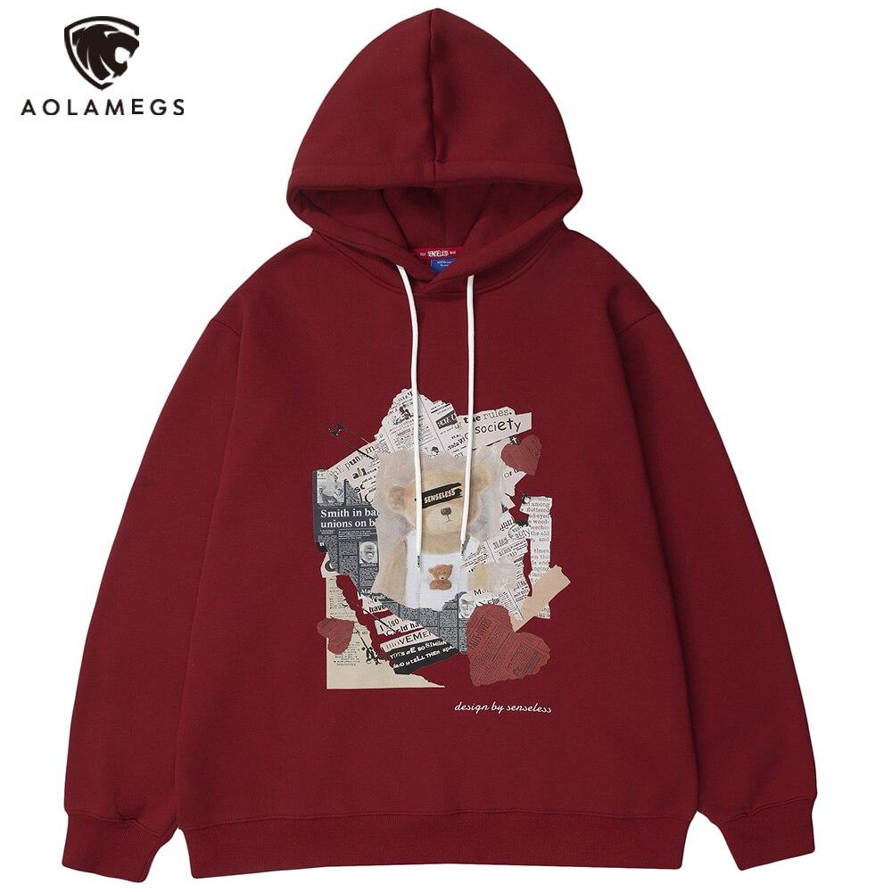 Men's hoodie featuring a cute bear print and tearing newspaper design, perfect for high street casual wear.