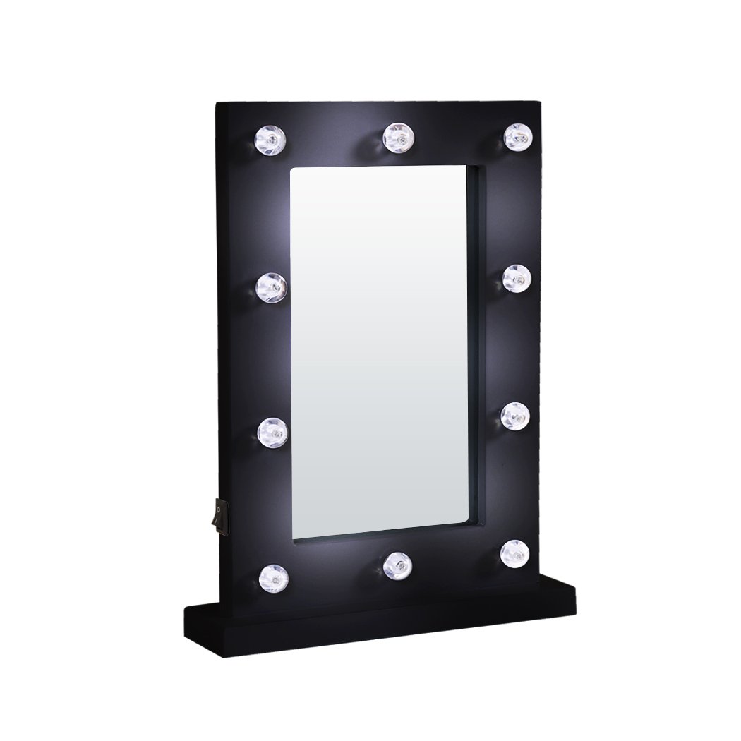 Hollywood LED Vanity Mirror Light Kit with 10 cool white bulbs, stylish black design, perfect for makeup application.