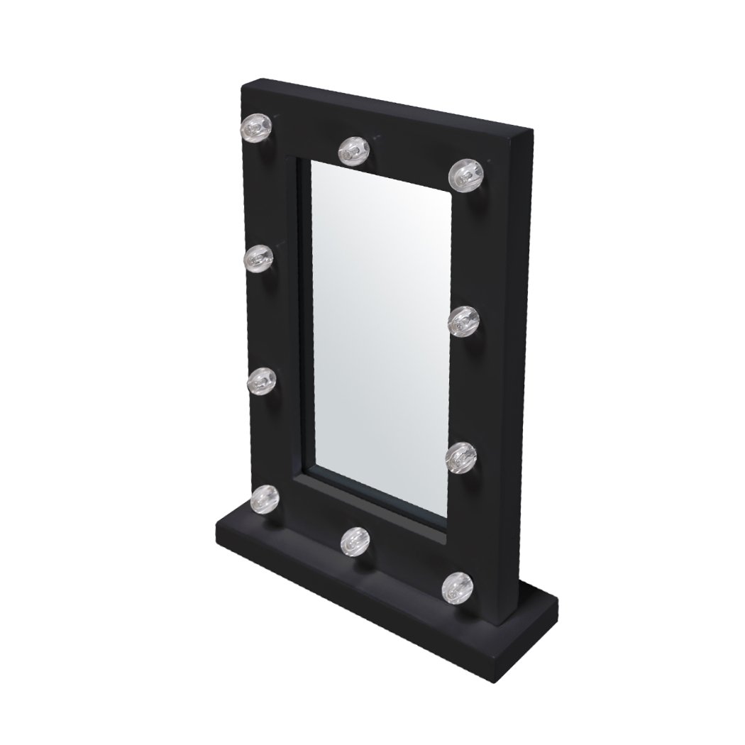 Hollywood LED Vanity Mirror Light Kit with 10 cool white bulbs, stylish black design, perfect for makeup application.