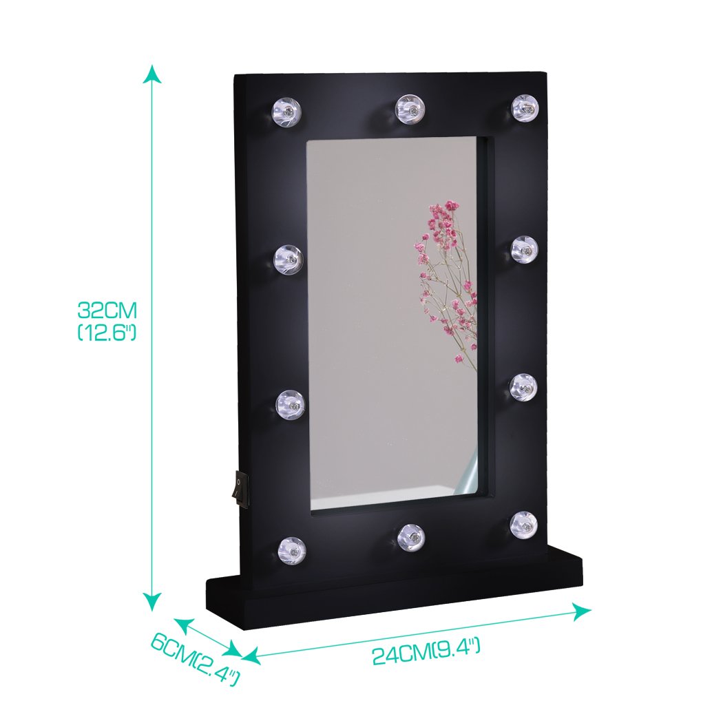 Hollywood LED Vanity Mirror Light Kit with 10 cool white bulbs, stylish black design, perfect for makeup application.