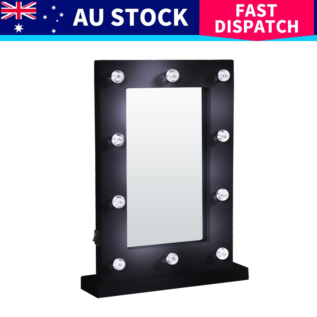 Hollywood LED Vanity Mirror Light Kit with 10 cool white bulbs, stylish black design, perfect for makeup application.