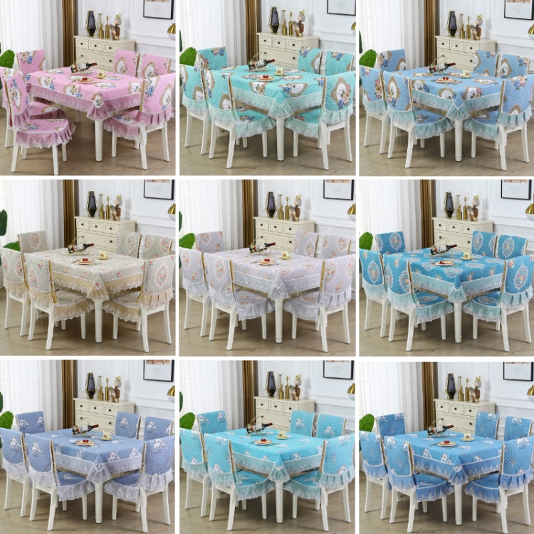 Home Dining Table/Chair Non-Slip Cover set featuring elegant fabric and embroidered lace, designed for stability and style.