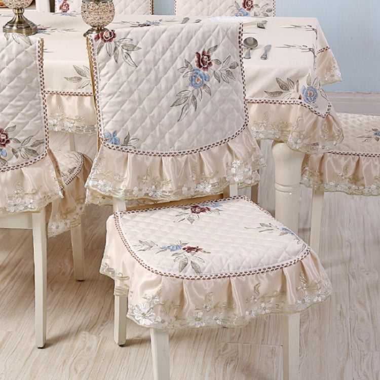 Home Dining Table/Chair Non-Slip Cover set featuring elegant fabric and embroidered lace, designed for stability and style.