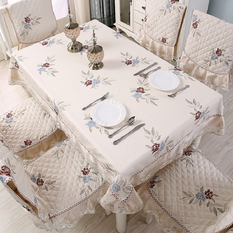 Home Dining Table/Chair Non-Slip Cover set featuring elegant fabric and embroidered lace, designed for stability and style.