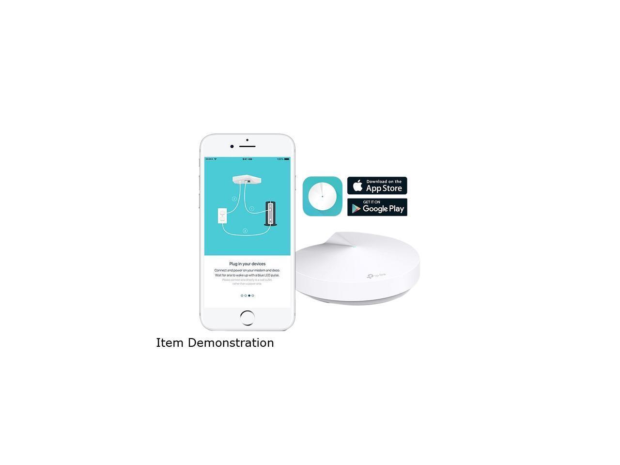 TP-Link Deco M5 AC1300 Whole Home Mesh Wi-Fi System in a modern home setting, showcasing two units for optimal coverage.