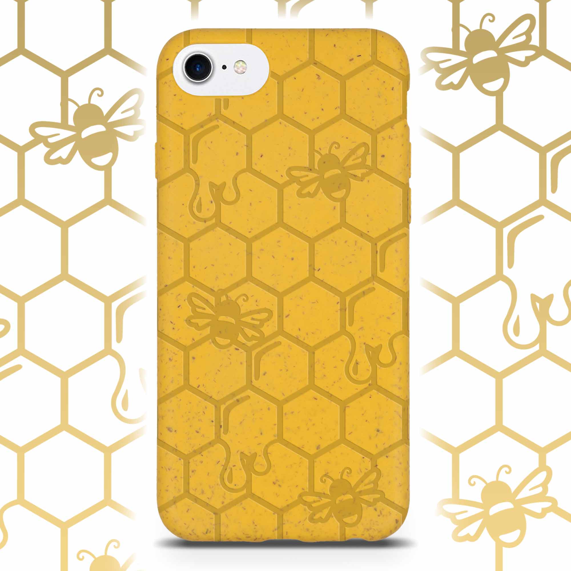 Honey Bee Biodegradable phone case in yellow, orange, and black with a bee hive engraving, showcasing its eco-friendly design.