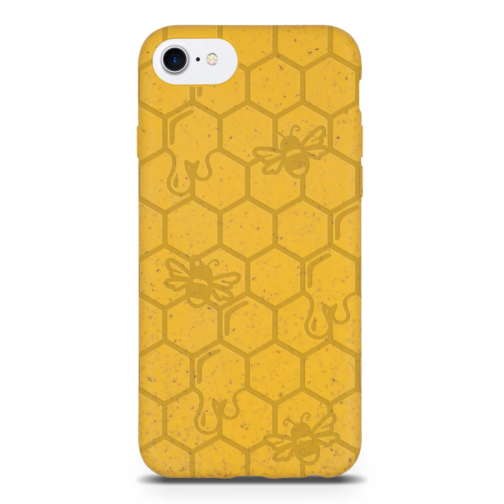 Honey Bee Biodegradable phone case in yellow, orange, and black with a bee hive engraving, showcasing its eco-friendly design.