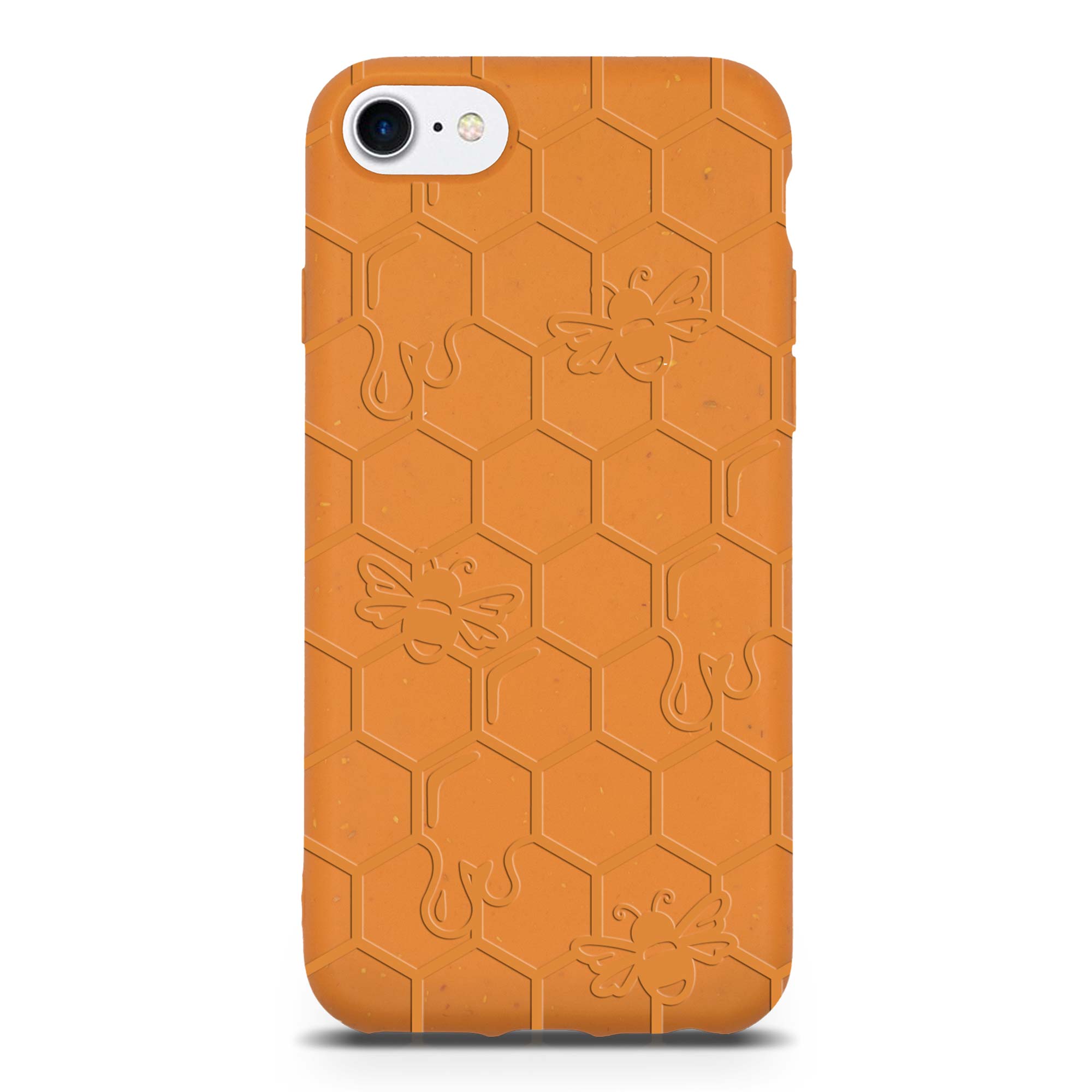 Honey Bee Biodegradable phone case in yellow, orange, and black with a bee hive engraving, showcasing its eco-friendly design.