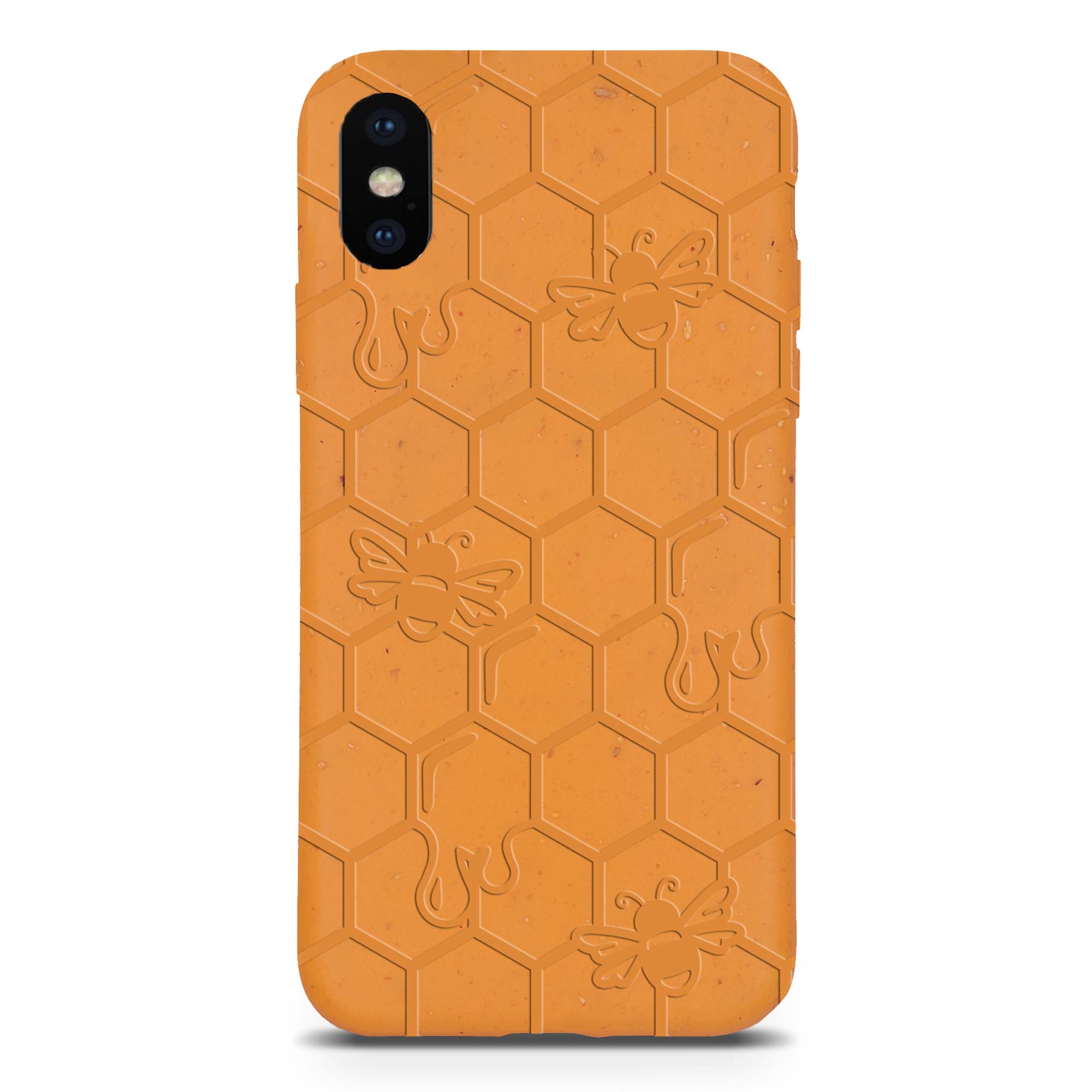 Honey Bee Biodegradable phone case in yellow, orange, and black with a bee hive engraving, showcasing its eco-friendly design.