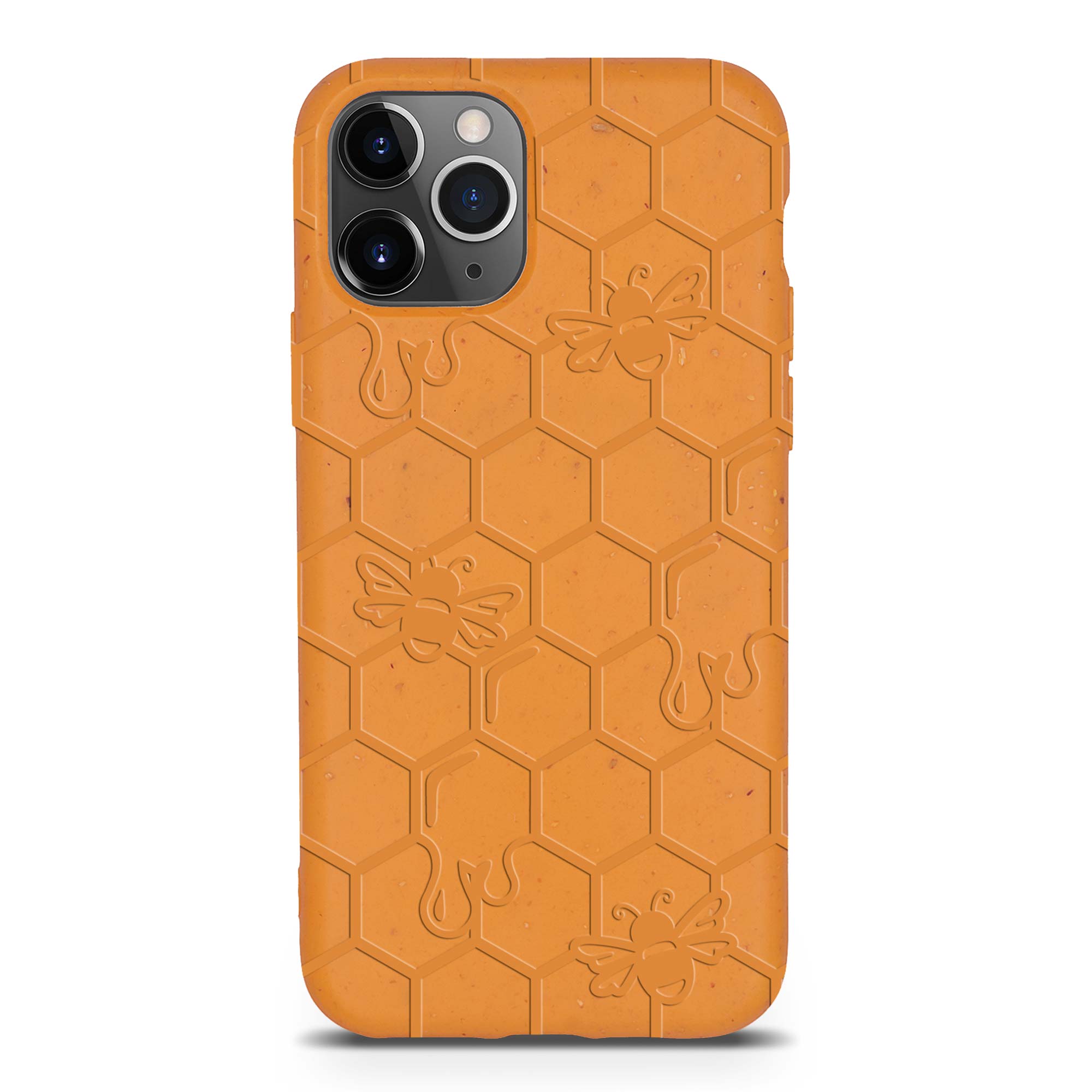 Honey Bee Biodegradable phone case in yellow, orange, and black with a bee hive engraving, showcasing its eco-friendly design.