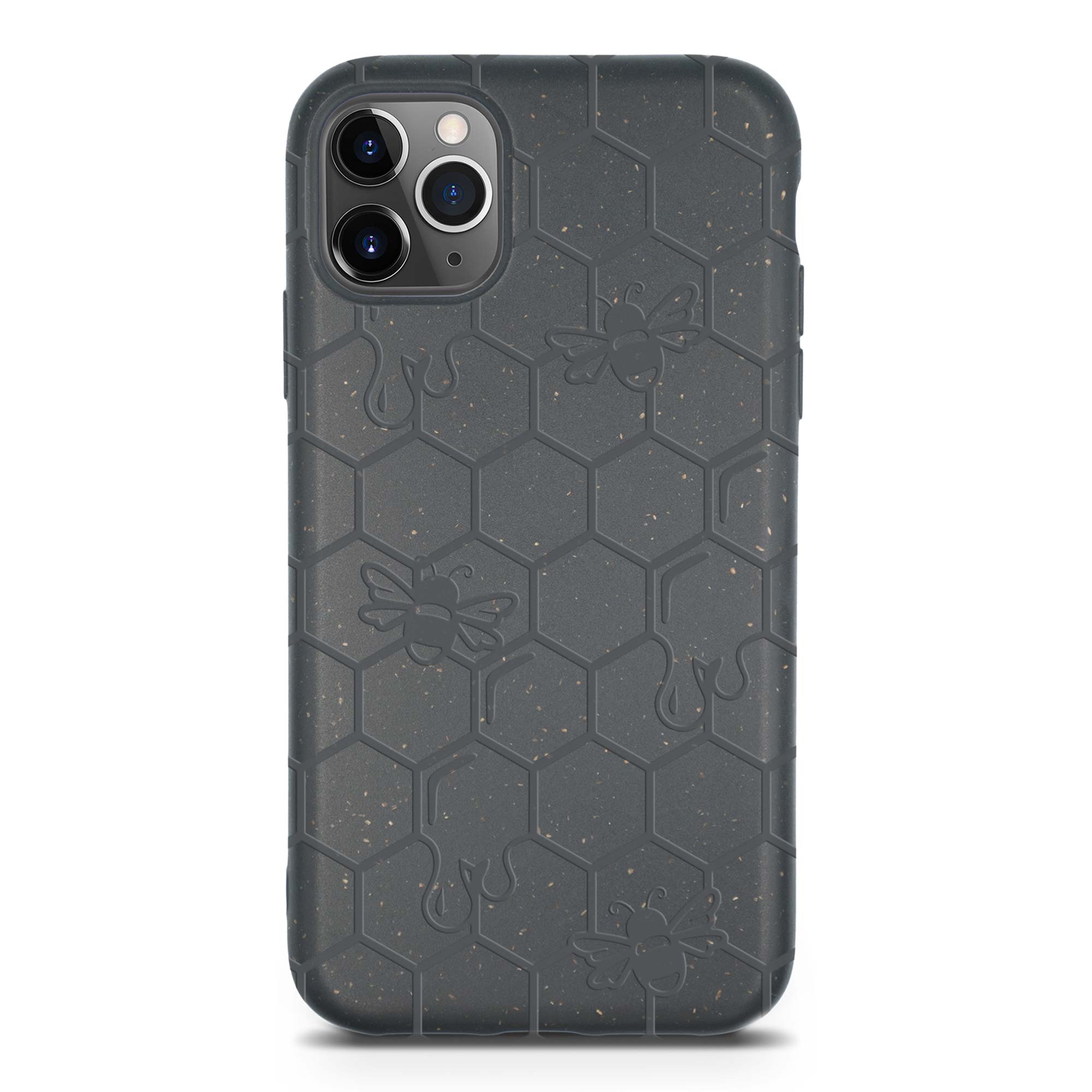 Honey Bee Biodegradable phone case in yellow, orange, and black with a bee hive engraving, showcasing its eco-friendly design.