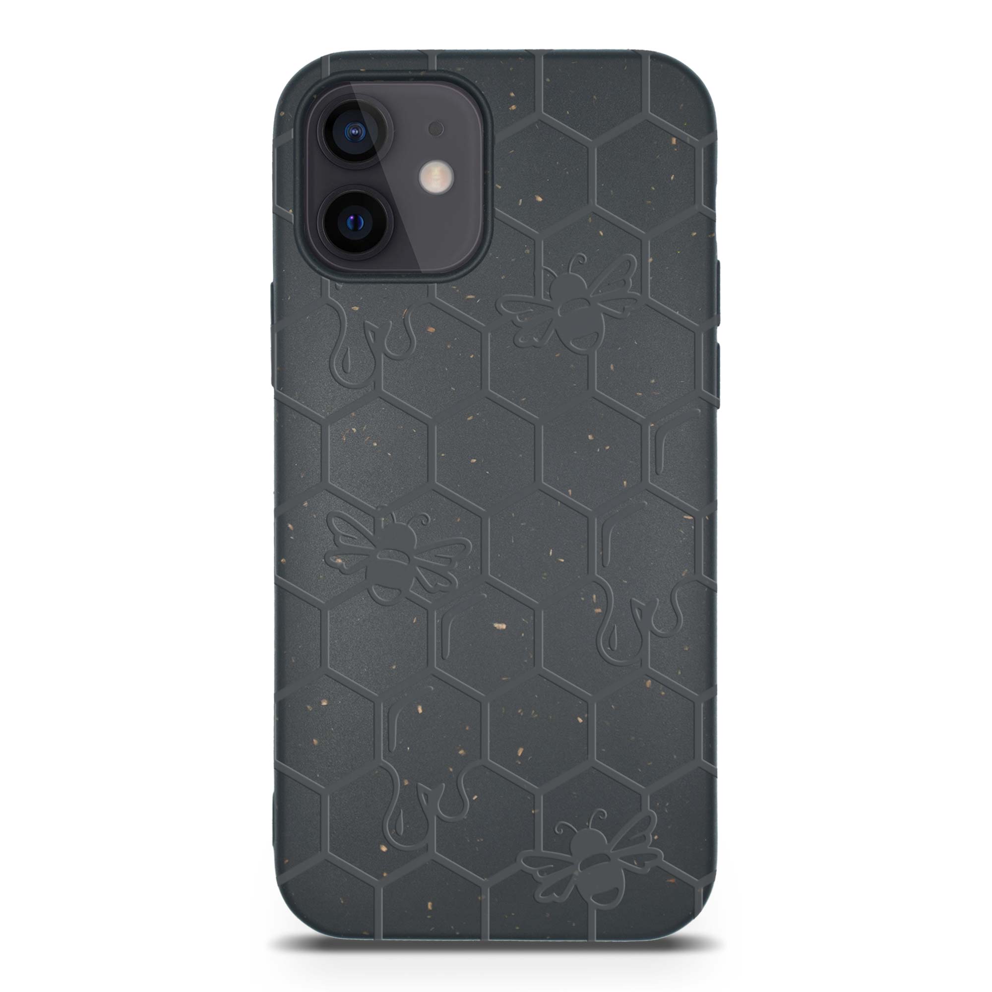 Honey Bee Biodegradable phone case in yellow, orange, and black with a bee hive engraving, showcasing its eco-friendly design.