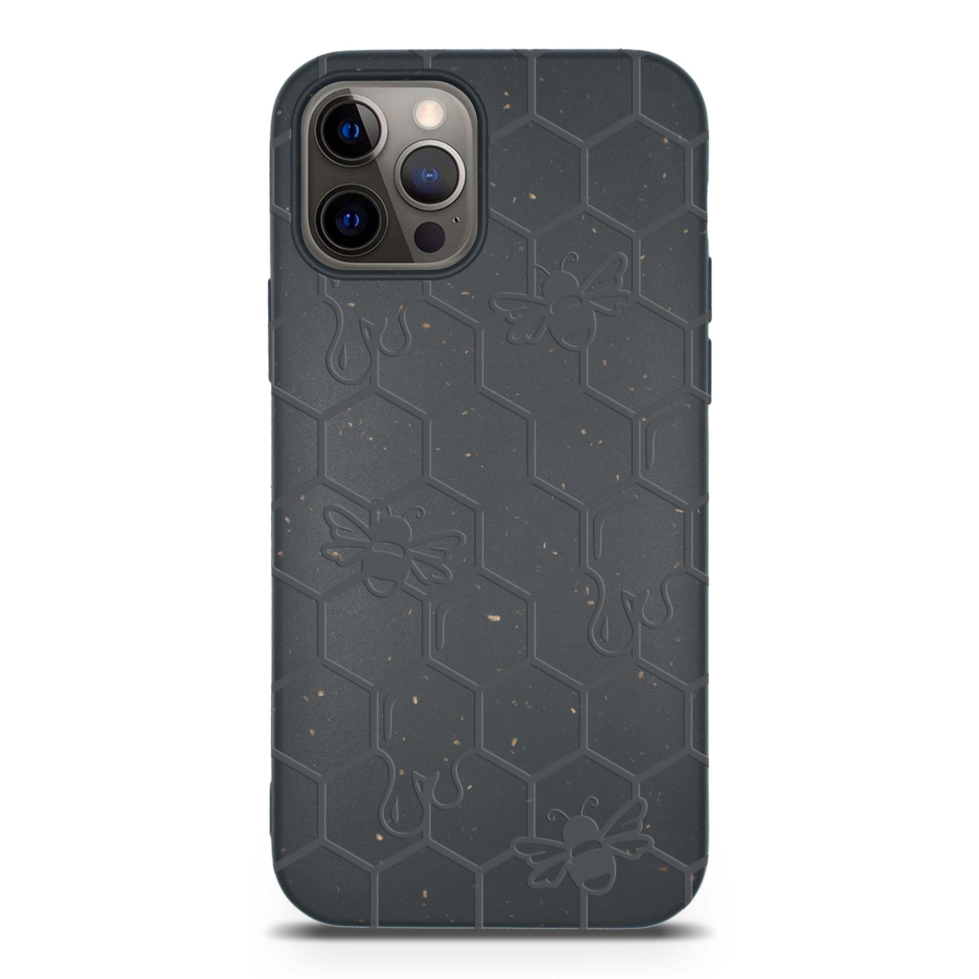 Honey Bee Biodegradable phone case in yellow, orange, and black with a bee hive engraving, showcasing its eco-friendly design.