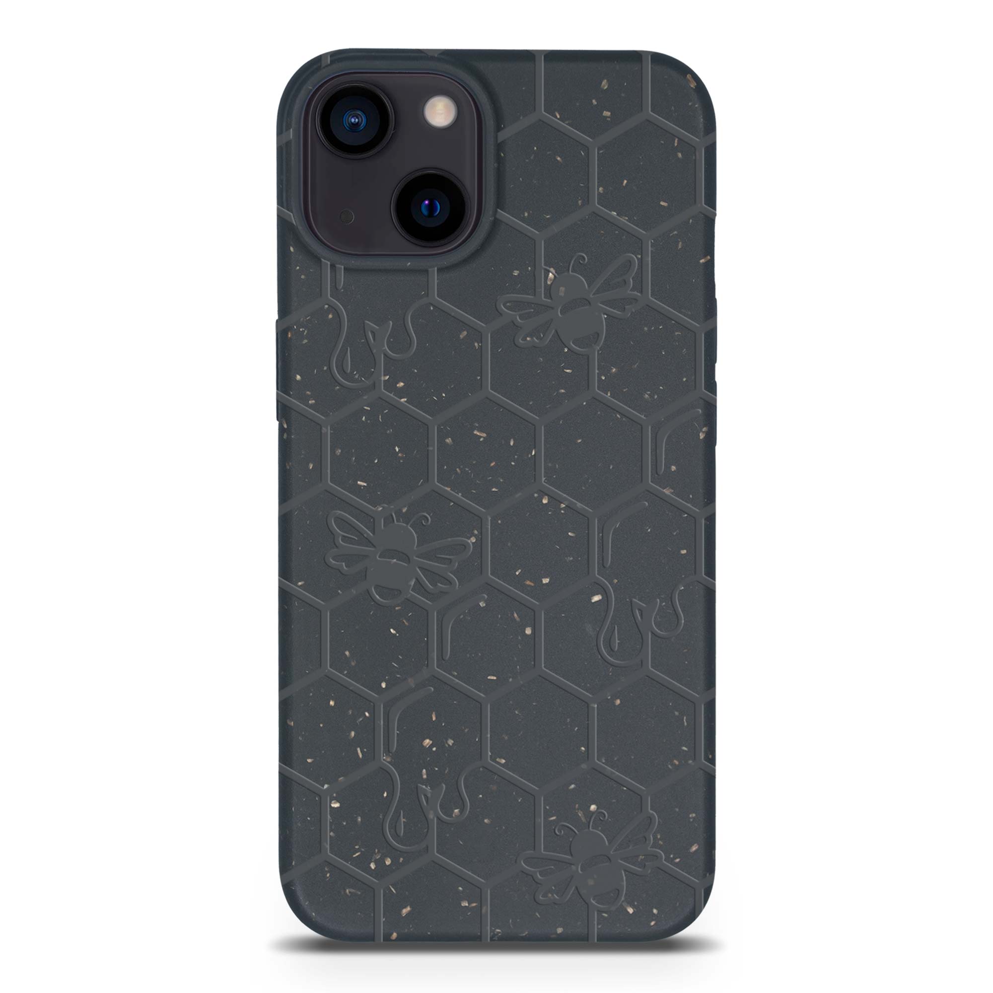 Honey Bee Biodegradable phone case in yellow, orange, and black with a bee hive engraving, showcasing its eco-friendly design.