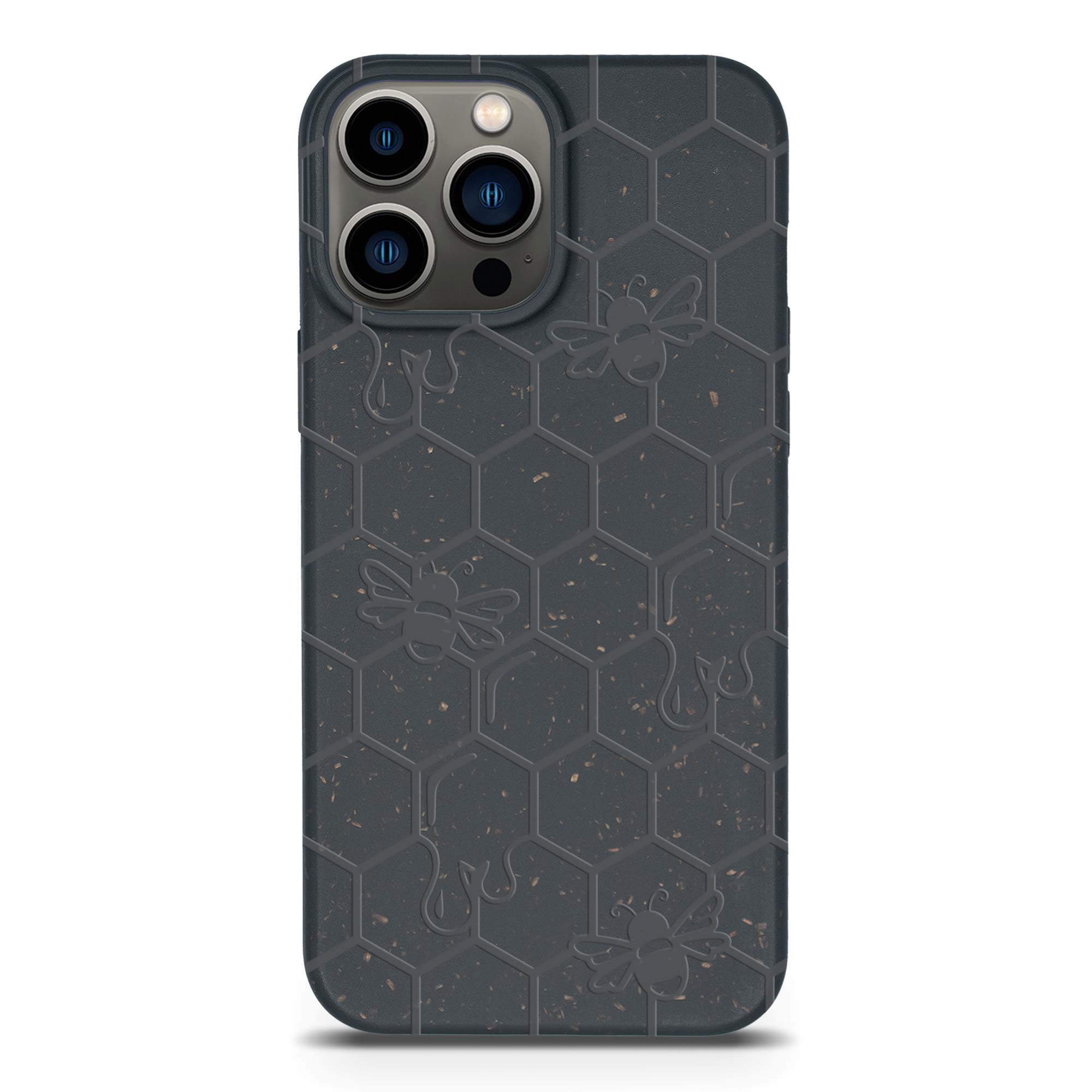 Honey Bee Biodegradable phone case in yellow, orange, and black with a bee hive engraving, showcasing its eco-friendly design.