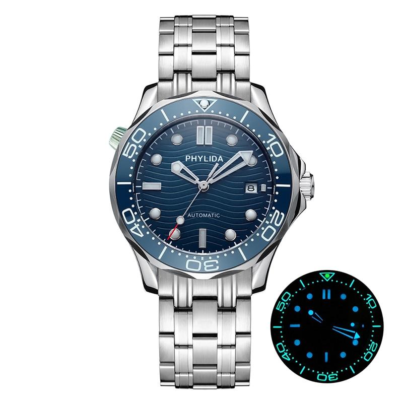 HOT 20BAR 200M Water Resistant Blue Wave JAPAN MIYOTA Mechanical watch with stainless steel band and sapphire crystal.