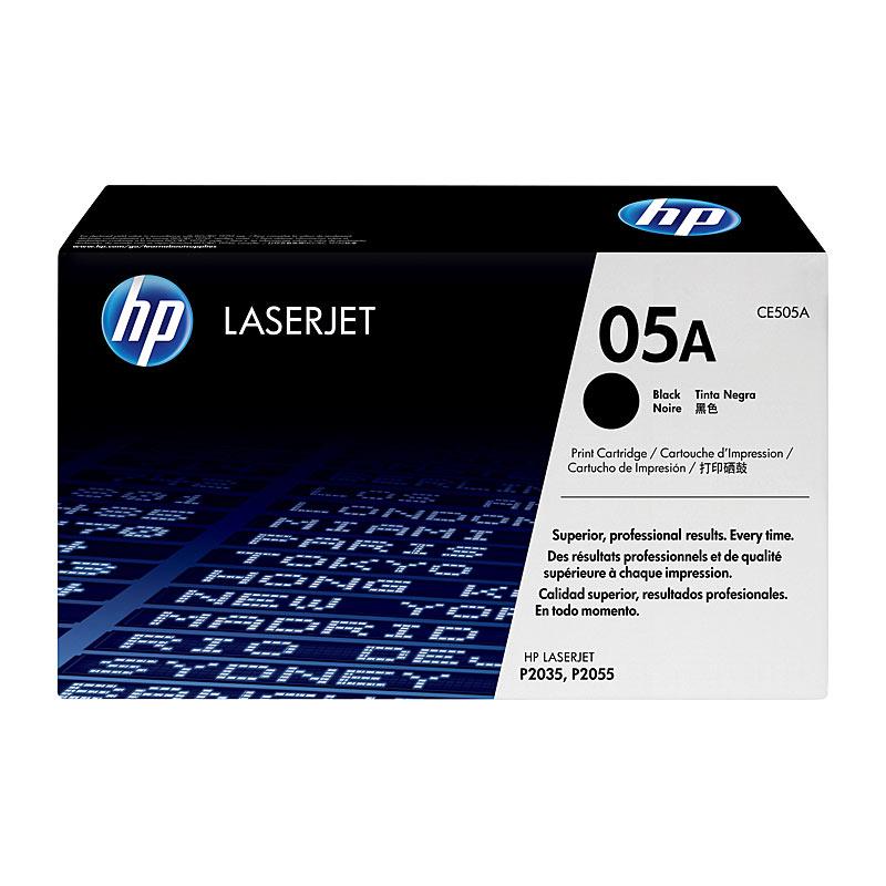 HP #05A Black Toner CE505A cartridge, designed for high-quality printing, yielding 2,300 pages, compatible with multiple HP LaserJet printers.