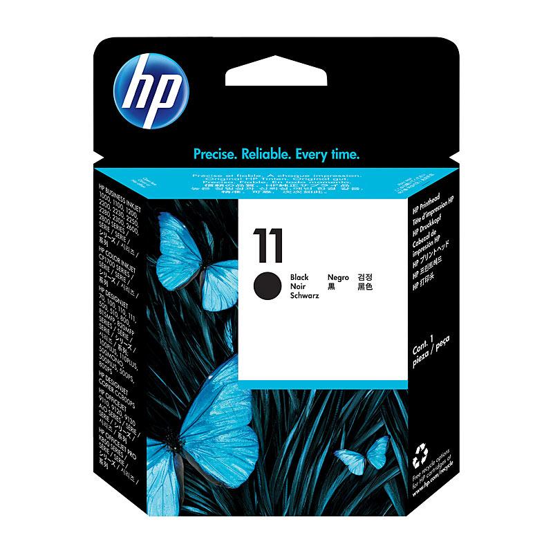 HP #11 Black Printhead C4810A cartridge, designed for high-quality printing with a yield of 16,000 pages, compatible with various HP printers.