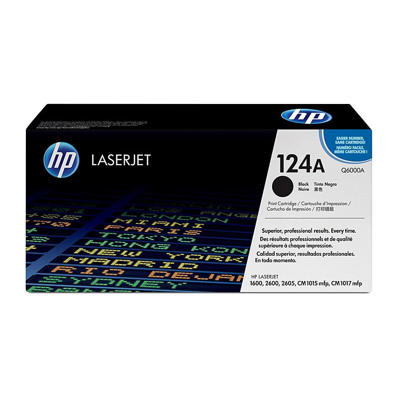 HP #124A Black Toner Q6000A cartridge, designed for high-quality printing with a yield of 2,500 pages.