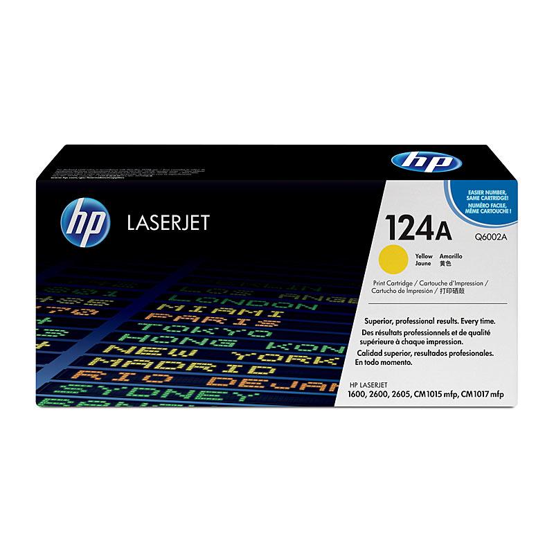 HP #124A Yellow Toner Q6002A cartridge, designed for high-quality printing with vibrant yellow color.