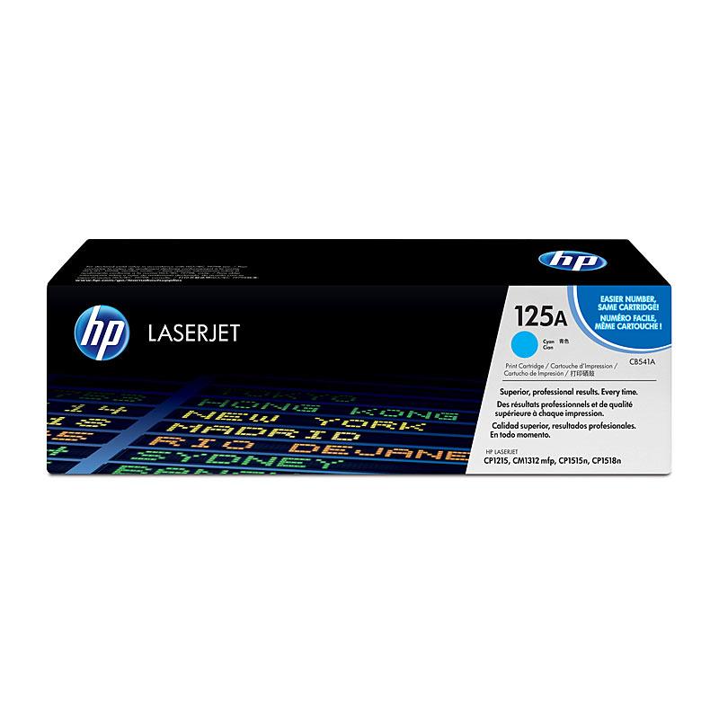 HP #125A Cyan Toner CB541A cartridge, vibrant cyan color, designed for high-quality printing.