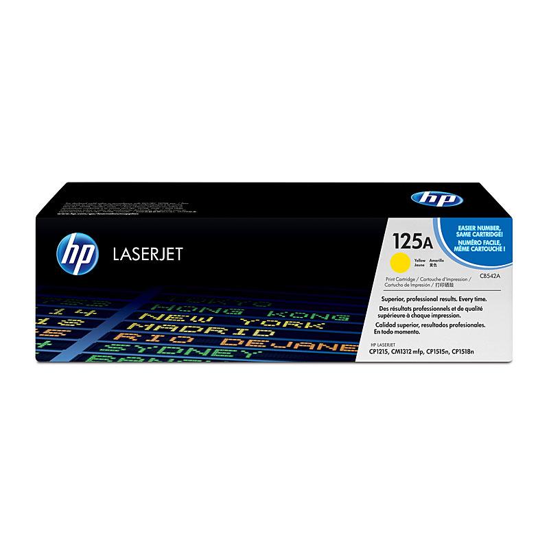 HP #125A Yellow Toner CB542A cartridge, designed for vibrant color printing, compatible with various HP Color LaserJet printers.