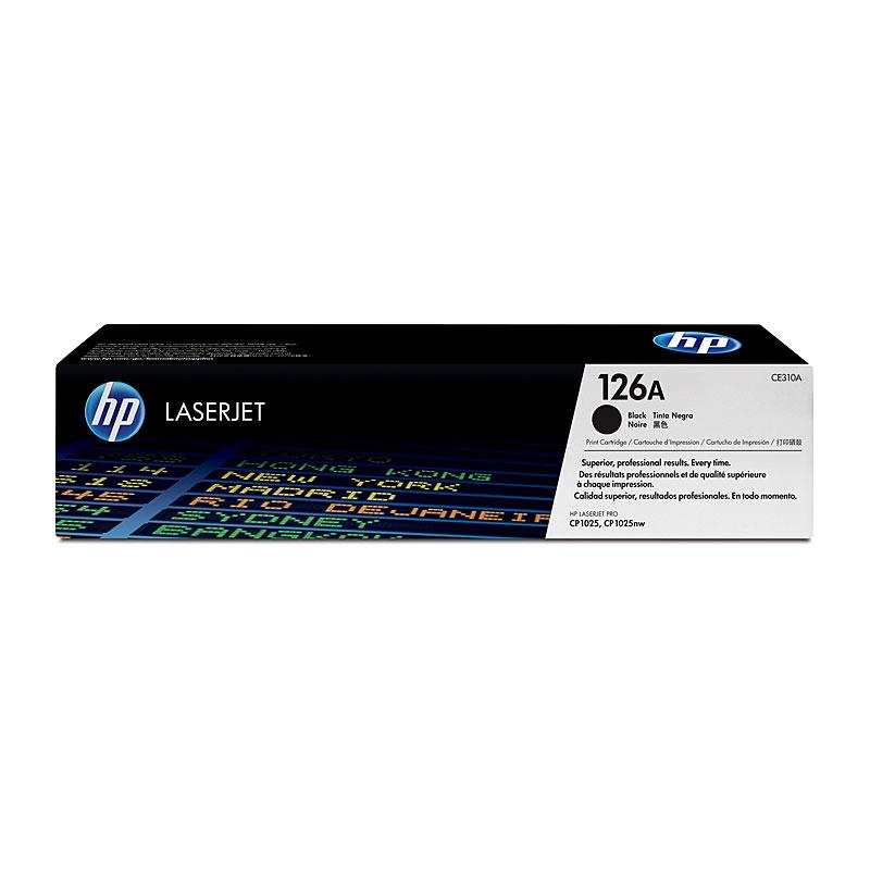 HP #126A Black Toner CE310A cartridge, designed for high-quality printing with a yield of 1,200 pages, compatible with select HP printers.