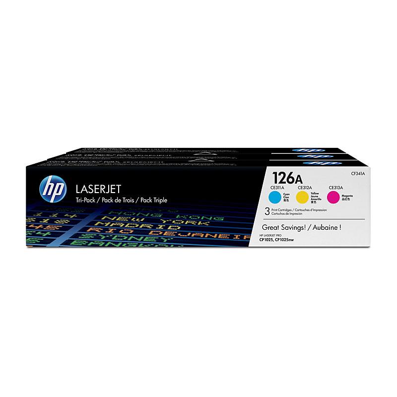 HP #126A CMY Toner Tri Pack featuring cyan, magenta, and yellow cartridges in a compact design.