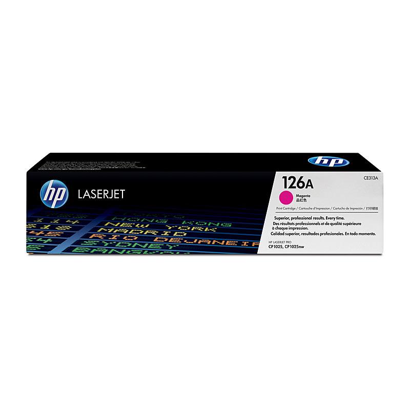 HP #126A Magenta Toner CE313A cartridge, designed for vibrant color printing, yielding 1,000 pages, compatible with select HP printers.