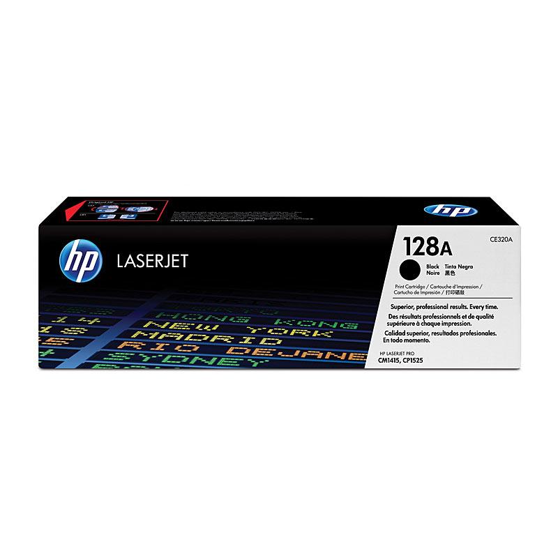 HP #128A Black Toner CE320A cartridge, designed for high-quality printing, yielding 2,000 pages, compatible with HP LaserJet Pro printers.