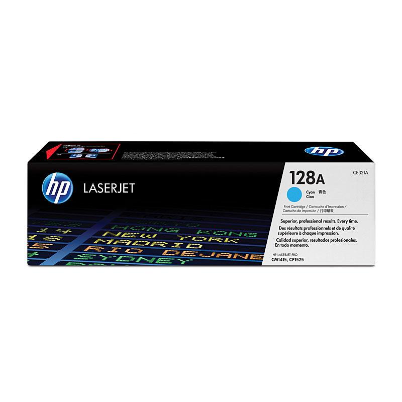 HP #128A Cyan Toner CE321A cartridge, vibrant cyan color, designed for high-quality printing.