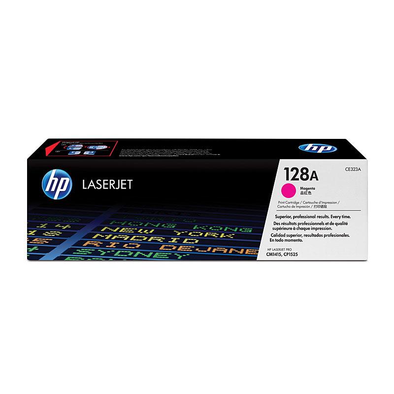 HP #128A Magenta Toner CE323A cartridge with vibrant magenta color, designed for high-quality printing.