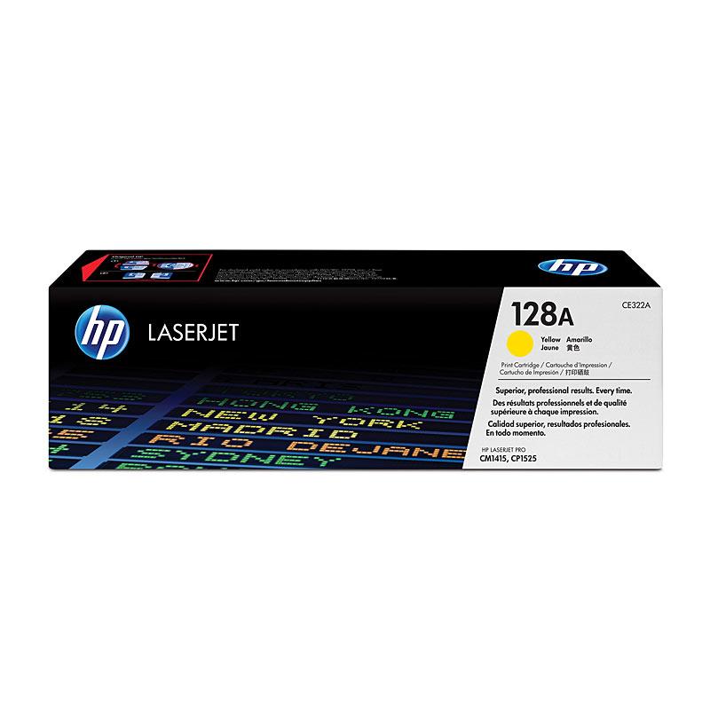 HP #128A Yellow Toner CE322A cartridge, designed for vibrant color printing, yielding 1,300 pages.