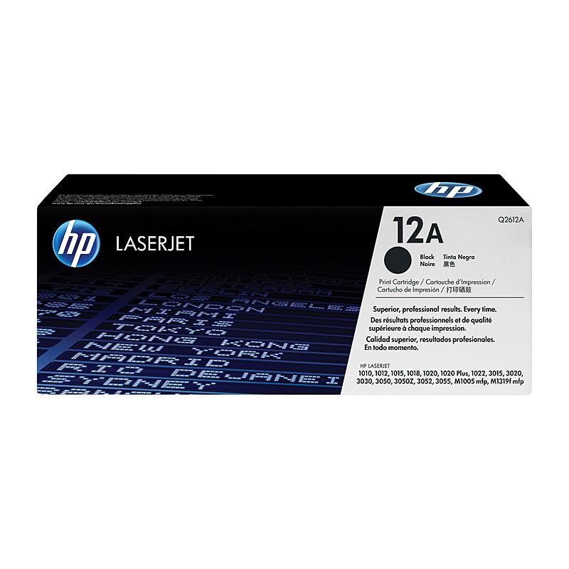 HP #12A Black Toner Q2612A cartridge, designed for high-quality printing with a yield of 2,000 pages, compatible with various HP LaserJet printers.